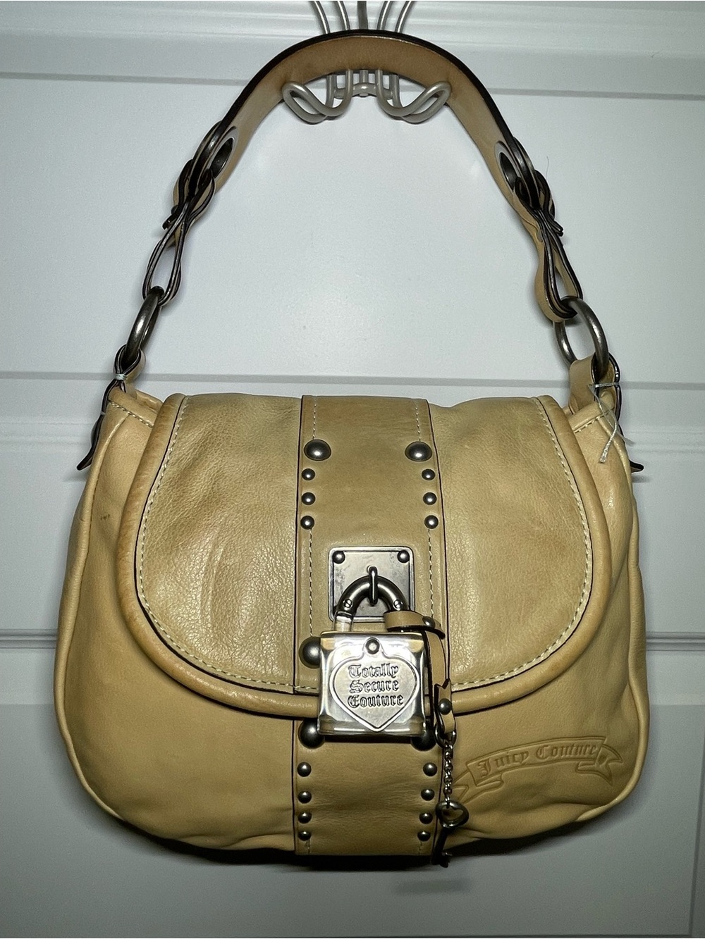 Y2K Vintage Juicy Couture Tan Leather Handbag Pink Dust Bag Heart Lock & Key